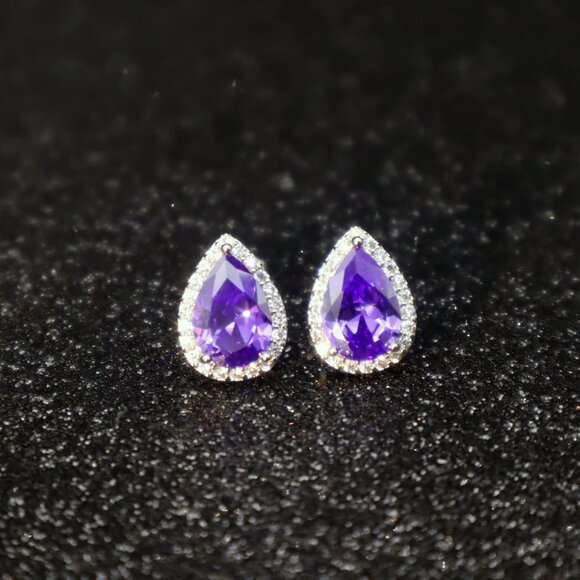 Women's Teardrop Mall Dainty Birthstone Cubic Zirconia Purple Elegant Earring - Picture 4 of 6